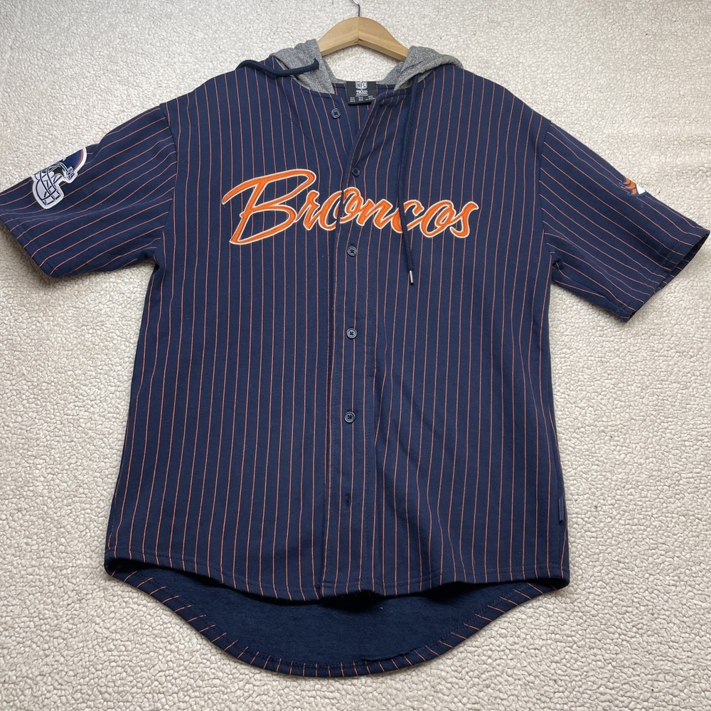NFL Team Apparel Jersey Hoodie Mens M Navy Denver Broncos Pinstripe Button Up 60